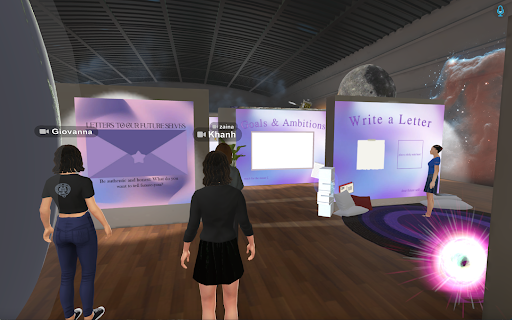 a virtual reality environment with students standing in front of life-sized message boards