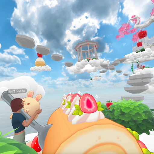 a virtual reality space with oversized strawberries, clouds, and a castle in the sky