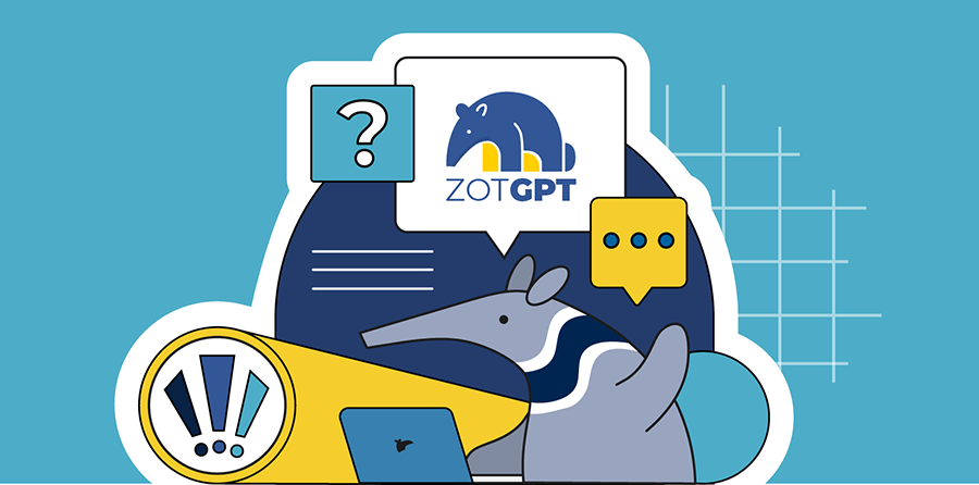 cartoon Peter the Anteater looking at a laptop with ZotGPT icons around him